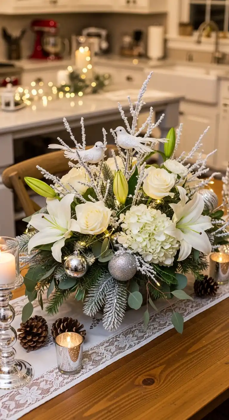 5. Snowy White Floral Arrangement with Frosted Branches
