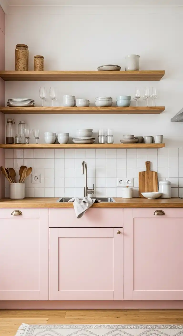 6) Pink cabinets combined with natural wood shelves
