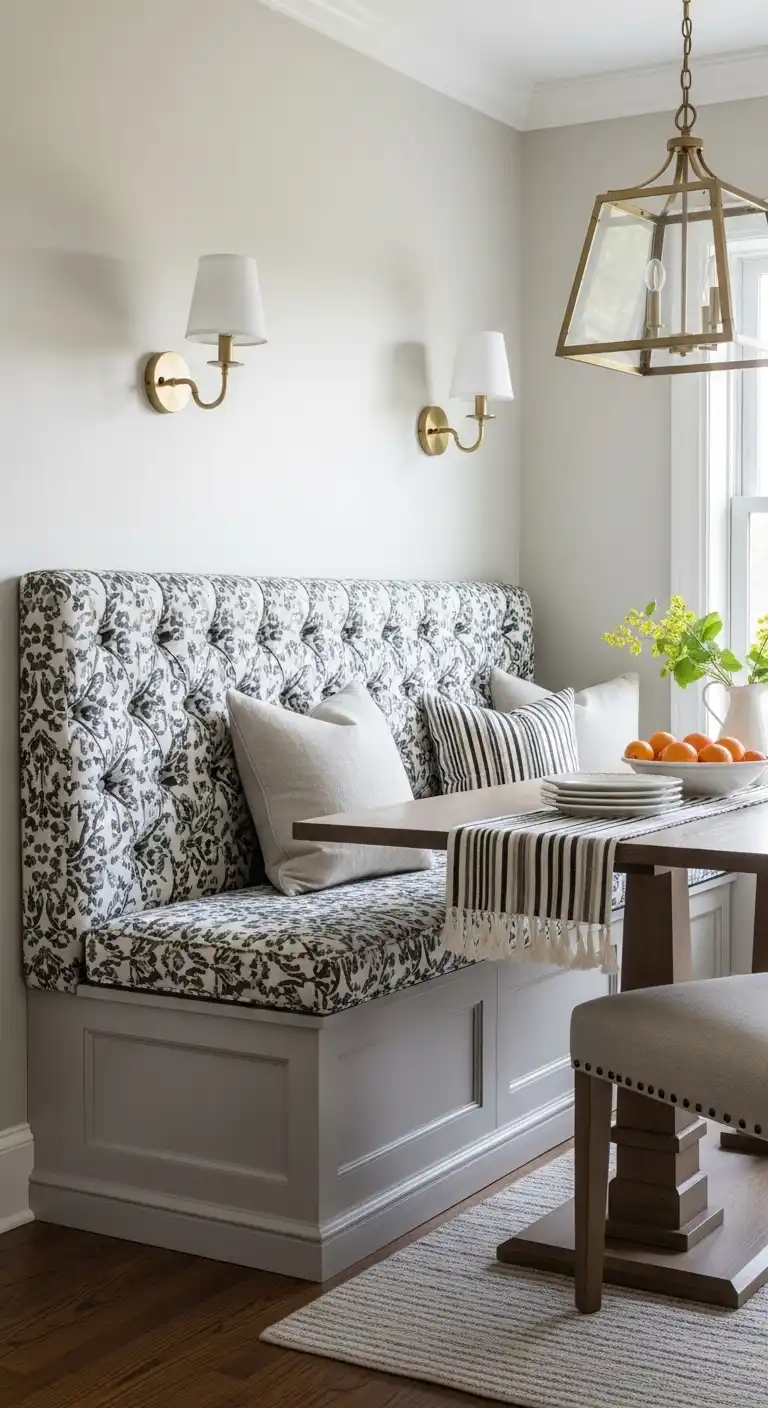 6. Banquette-Style Dining Bench with Cushions
