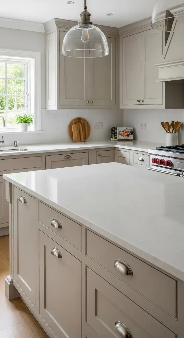 6. Beige Cabinets with White Quartz Countertops