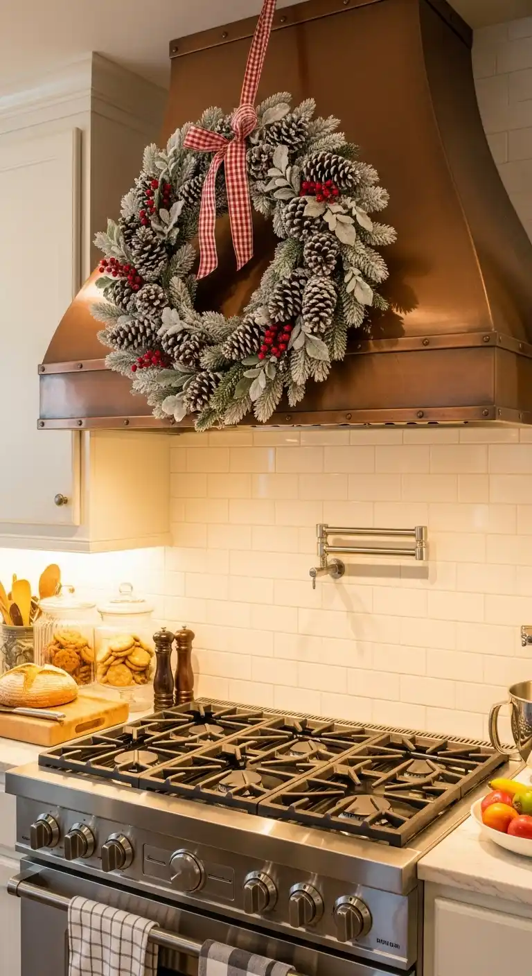 6. Frosted Pinecone Wreath Over the Range Hood