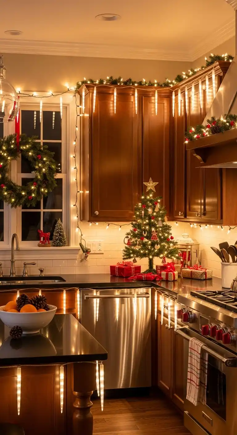 6. Icicle Lights Hanging from Kitchen Counters