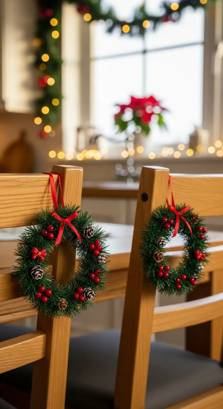 6. Miniature Wreath Ornaments as Chair Back Accents