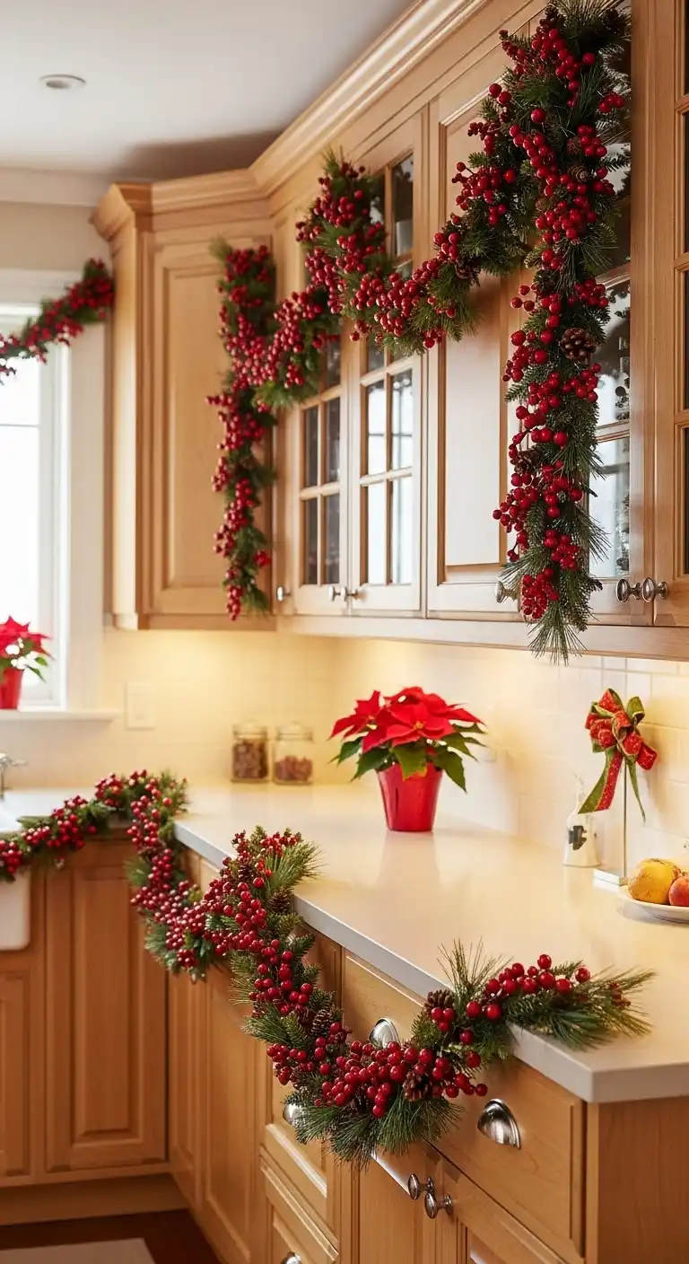 6. Red Berry Garland Woven Around Cupboard Handles