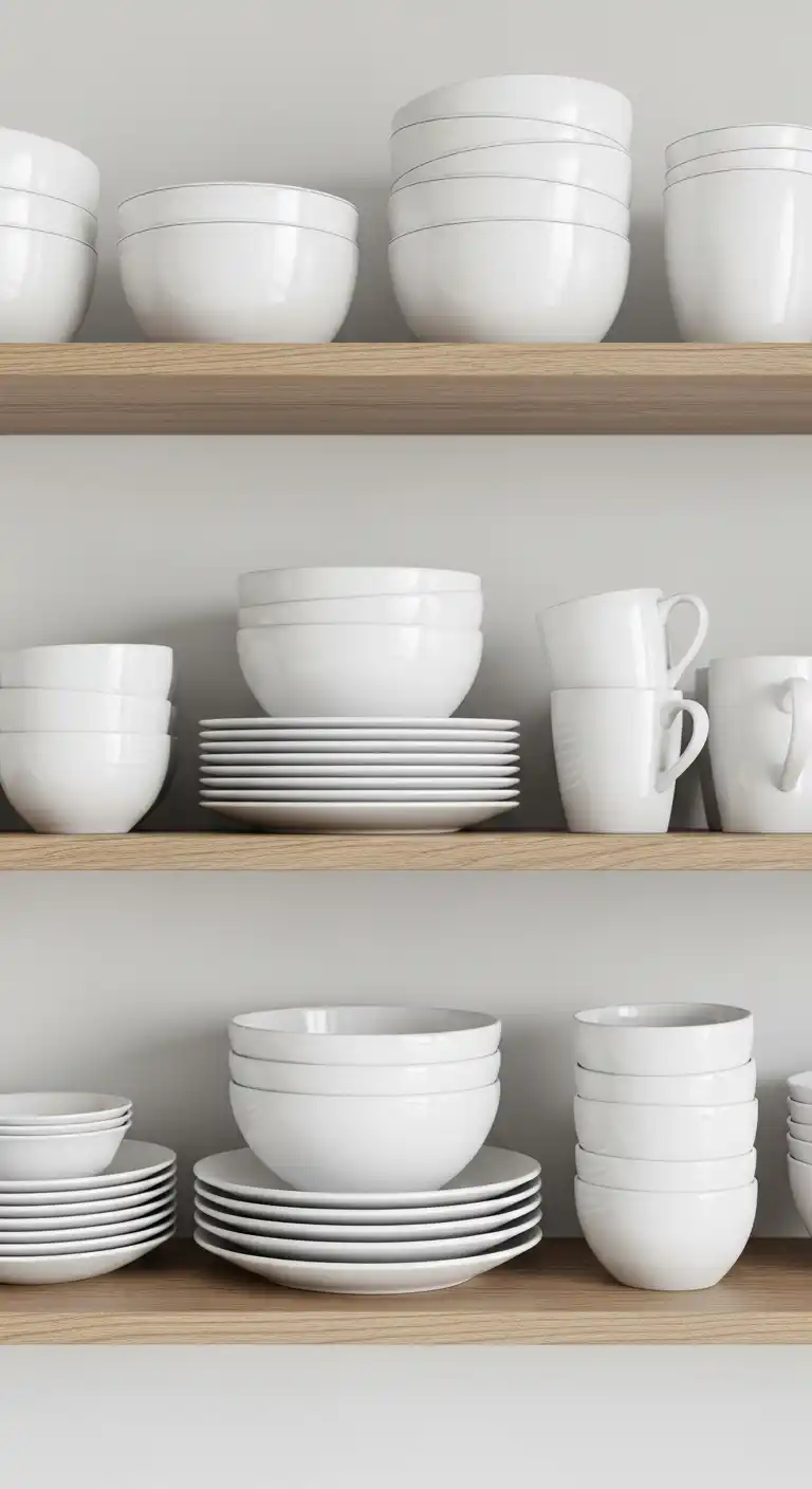 6. Stacked White Ceramics for Simplicity