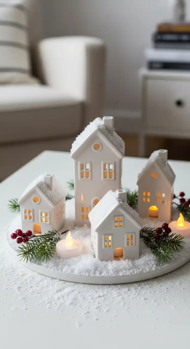 6. White Ceramic Houses with Faux Snow