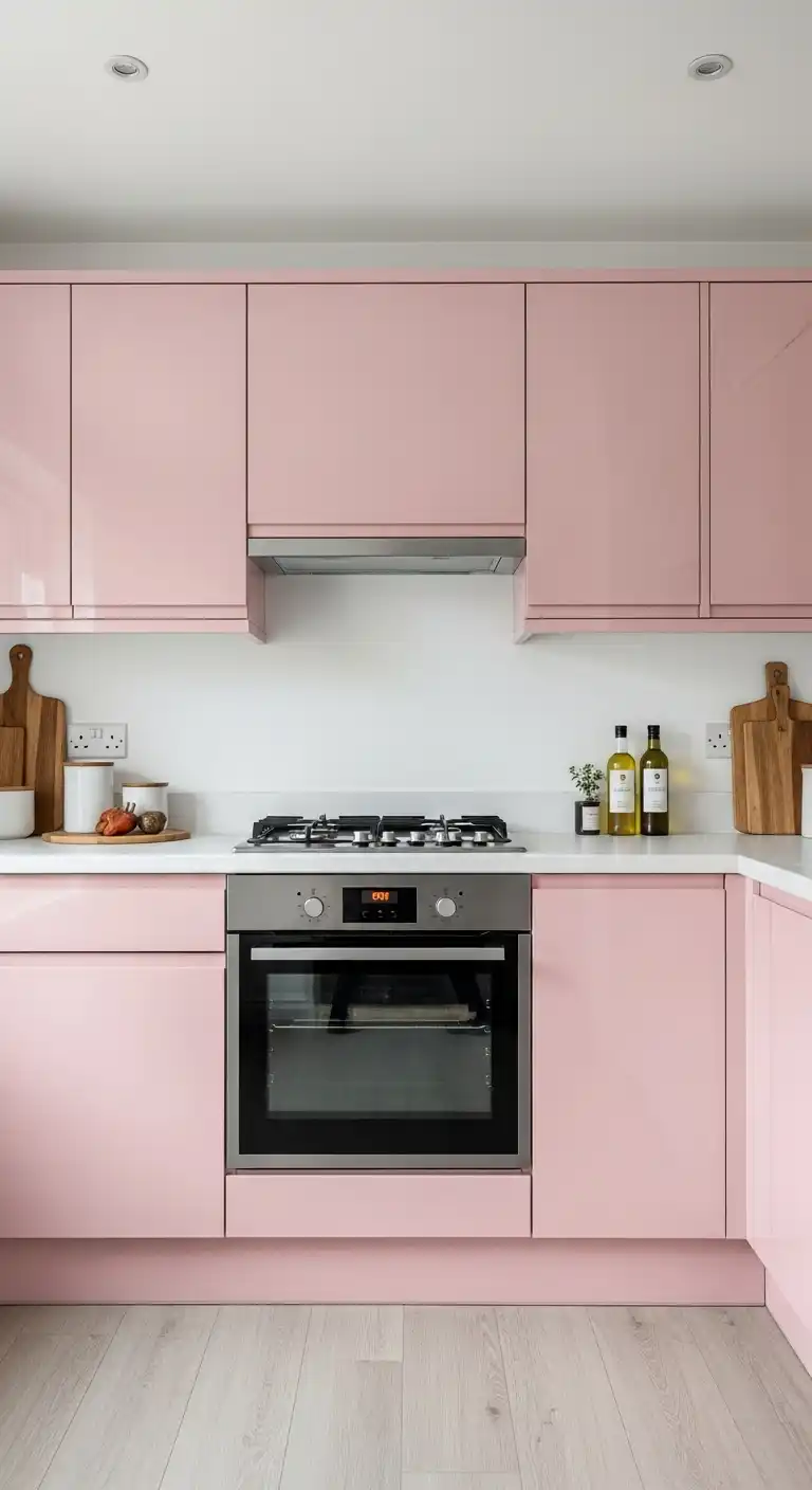 7) Glossy pale pink cabinets for a sleek finish