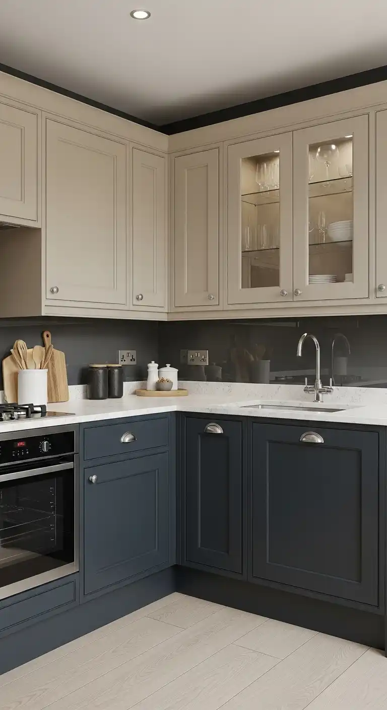 7. Beige Cabinets with Two-Tone Accents