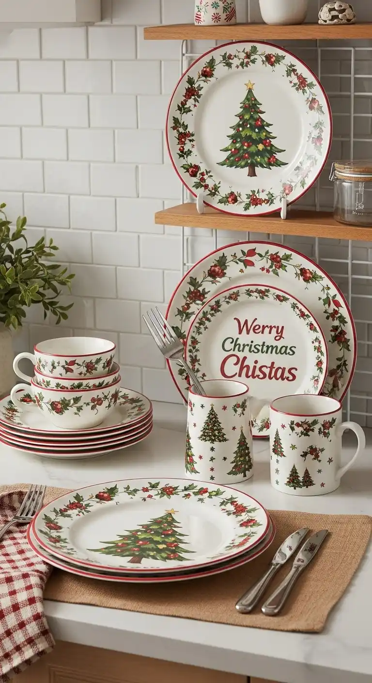 7. Christmas-Themed Dinner Plates and Serving Dishes