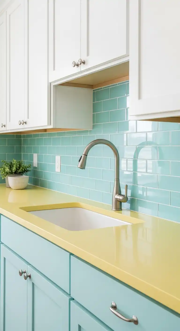 7. Coastal Vibe Yellow Countertops and Light Blue Backsplash