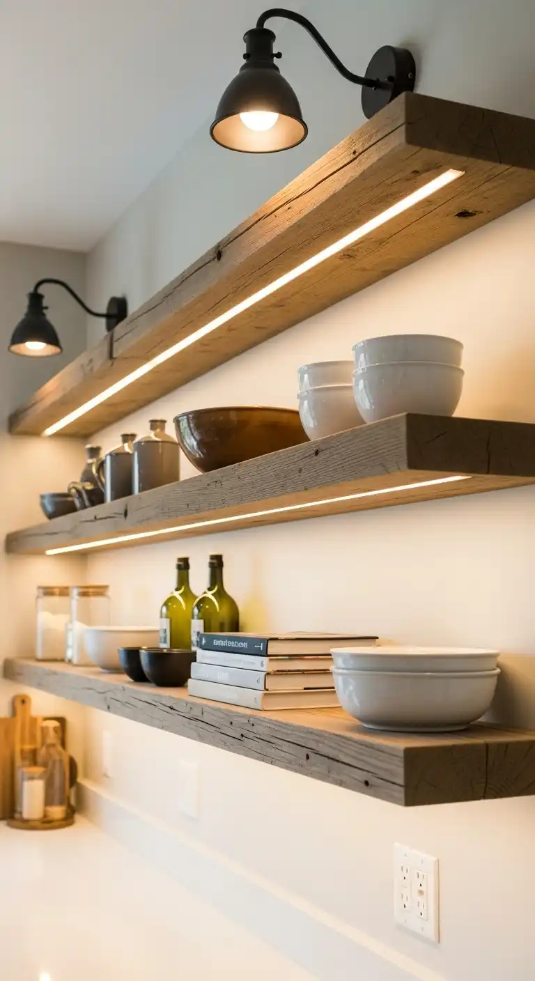 7. Floating Wooden Shelves with Modern Lighting