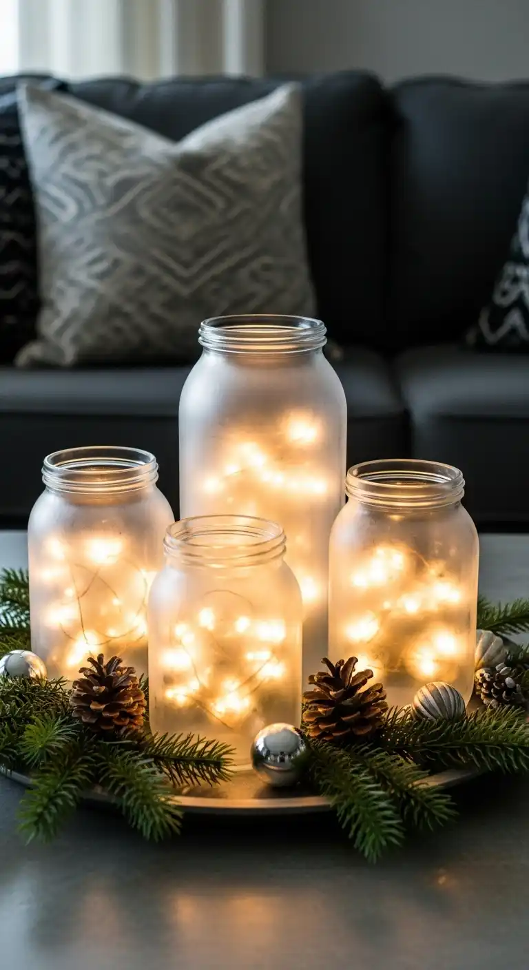 7. Frosted Glass Jars with Fairy Lights