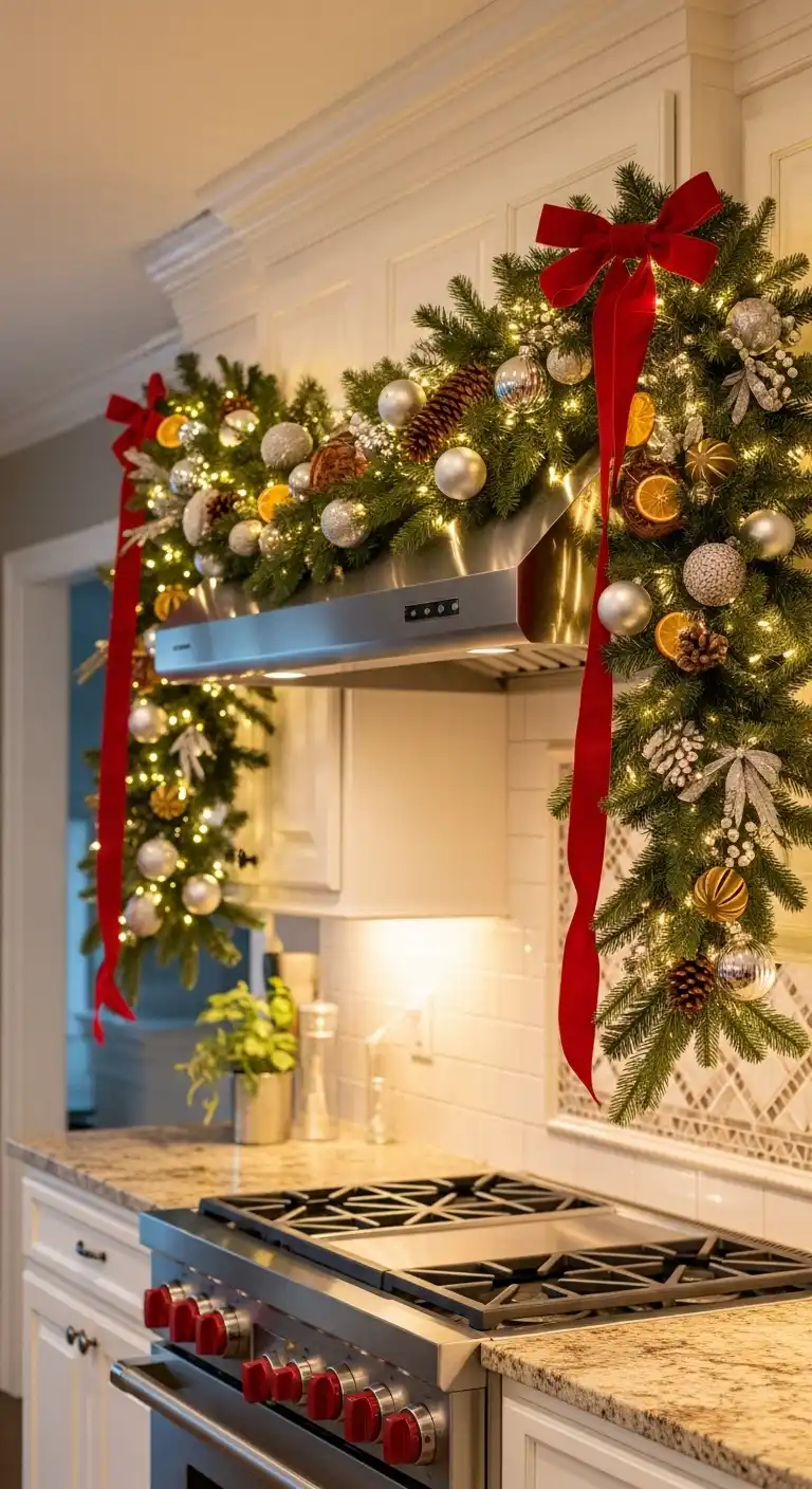 7. Garland Combined with Ribbon Across the Range Hood