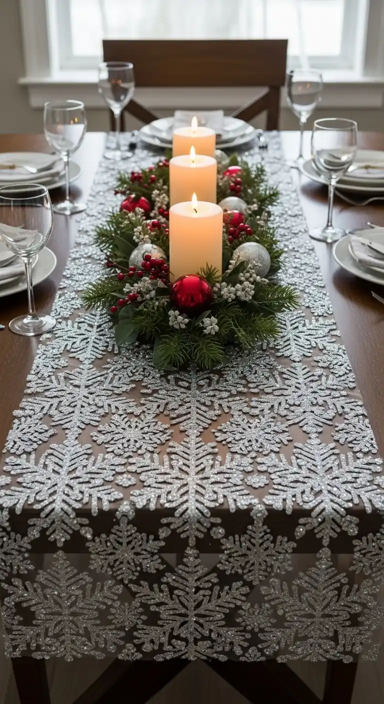 7. Glittery Snowflake Table Runner Centerpiece