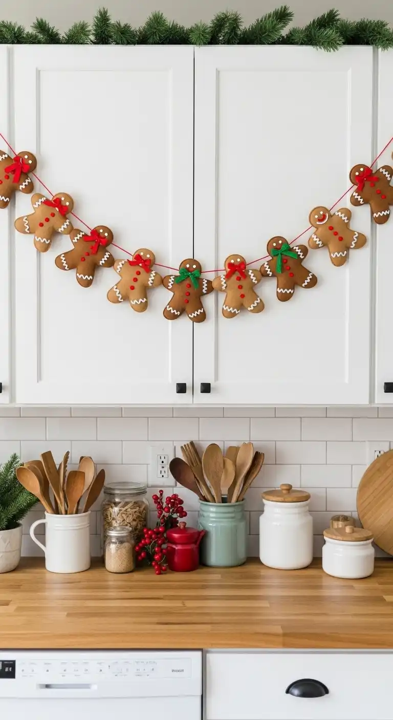 7. Handmade Gingerbread Garland Across Cupboards
