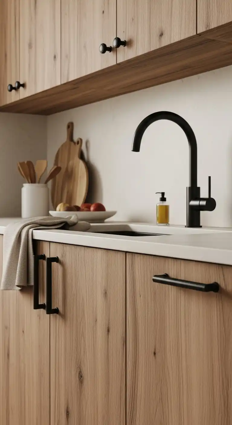 7. Matte Black Hardware with Wooden Cabinets