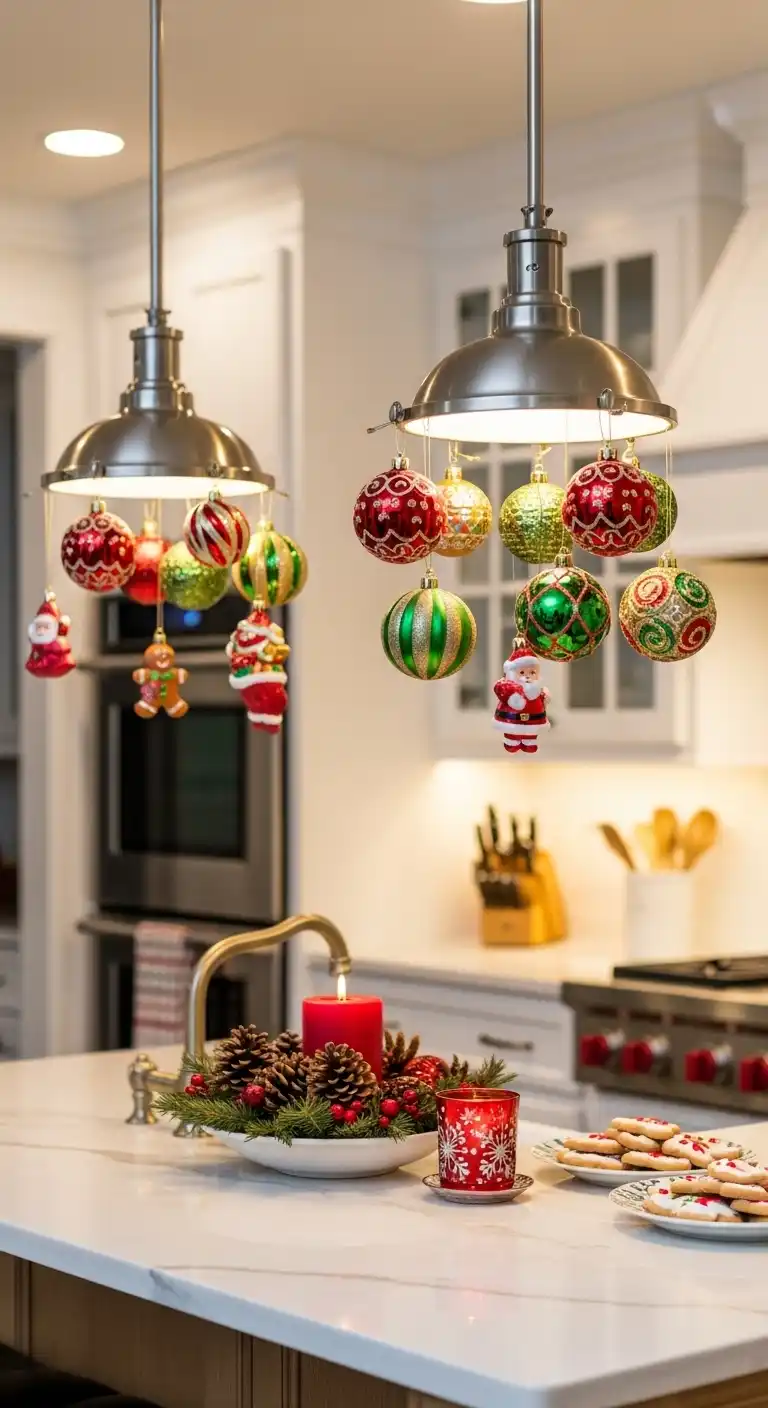 7. Ornaments Hung from Pendant Lights Above the Island