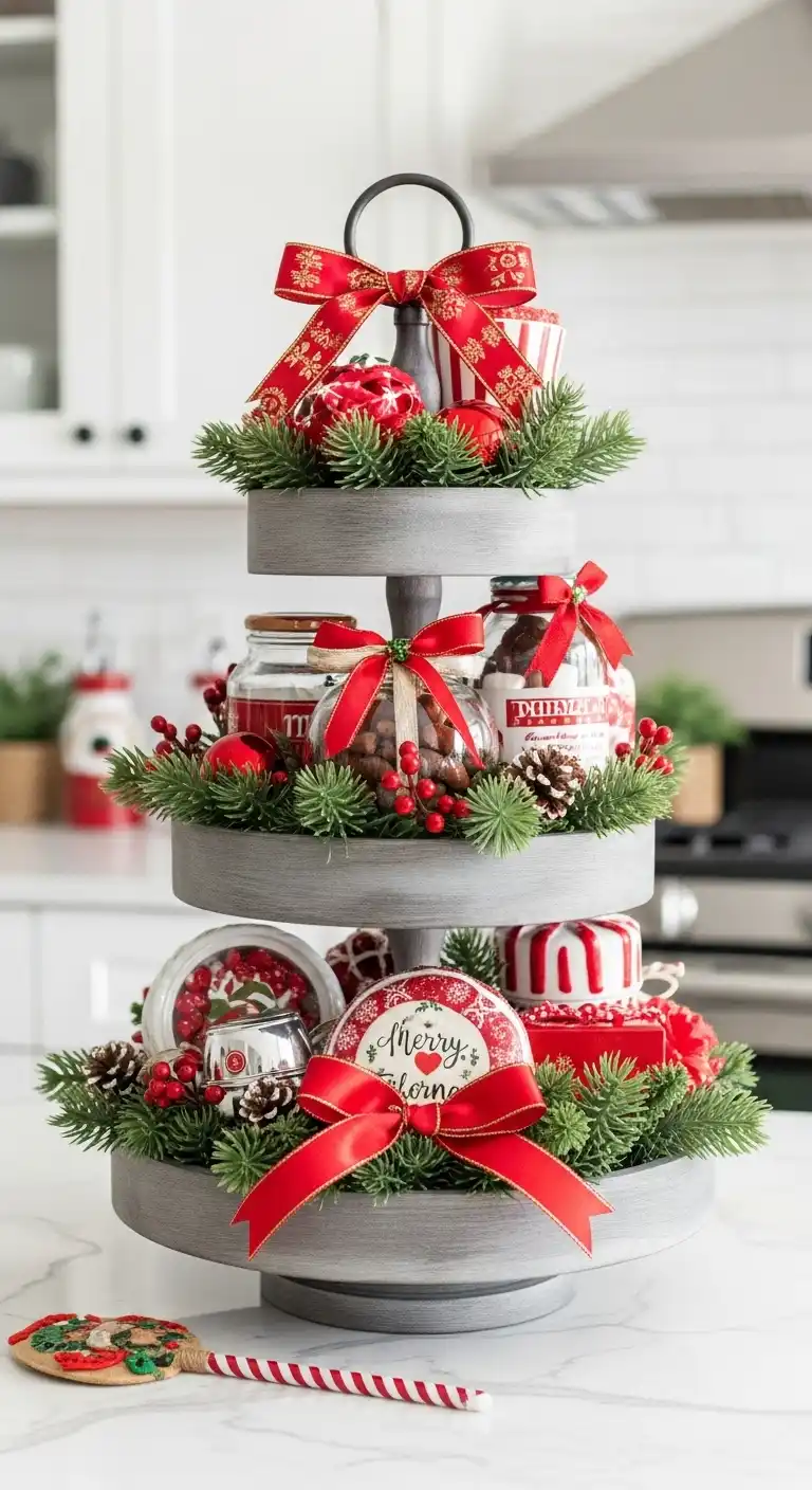 7. Tiered Stand Filled with Holiday Treats and Décor
