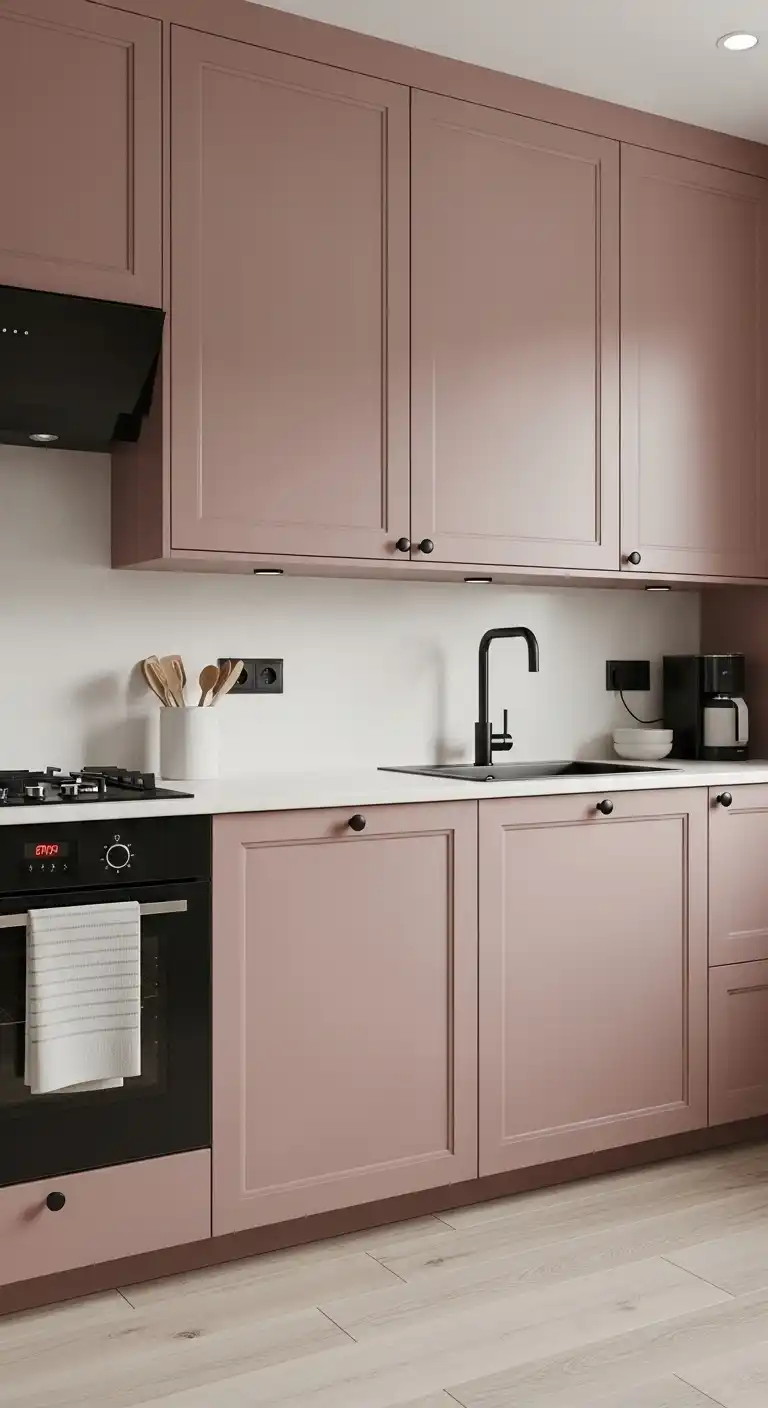 8) Dusty rose colored cabinets with black hardware