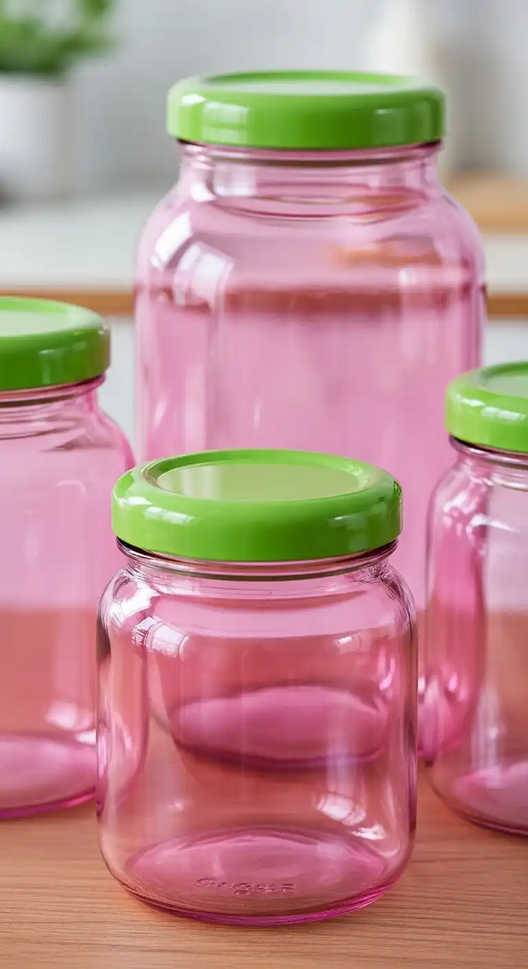 8) Pink Glass Storage Jars with Green Lids
