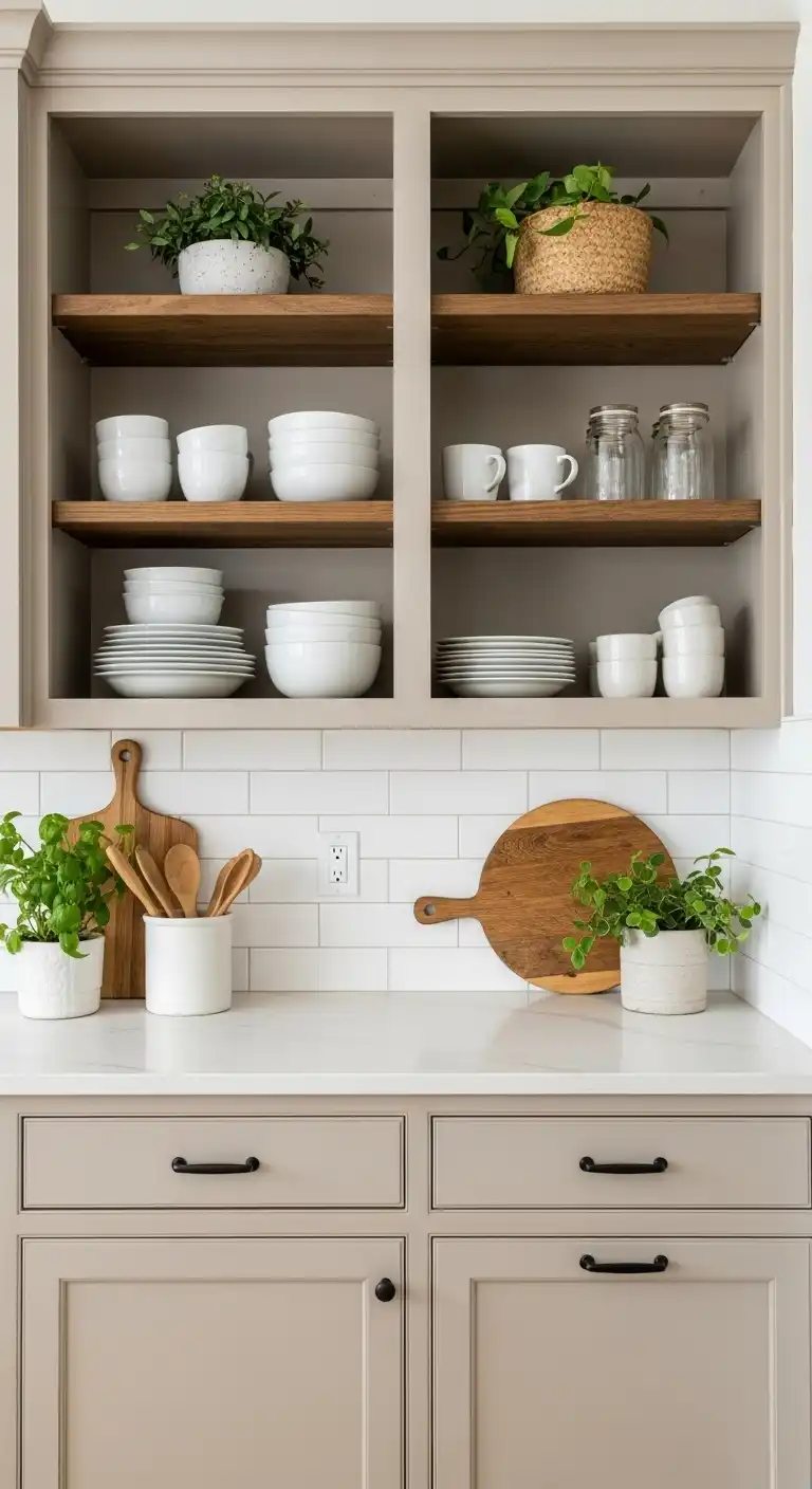 8. Beige Cabinets with Open Shelving