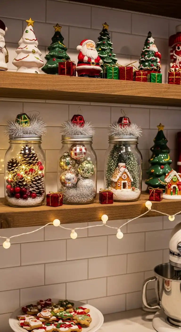 8. Mason Jar Ornament Displays on Open Shelves
