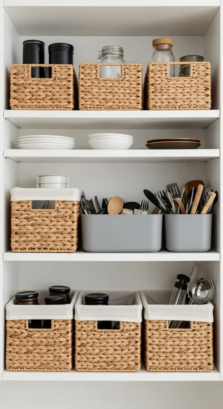 8. Open Shelf with Hidden Storage Baskets