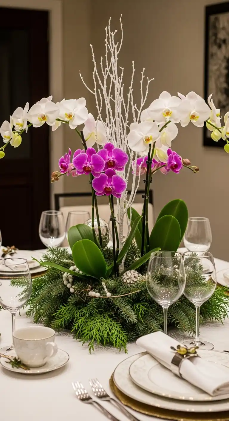 8. Orchids with Evergreen Garlands