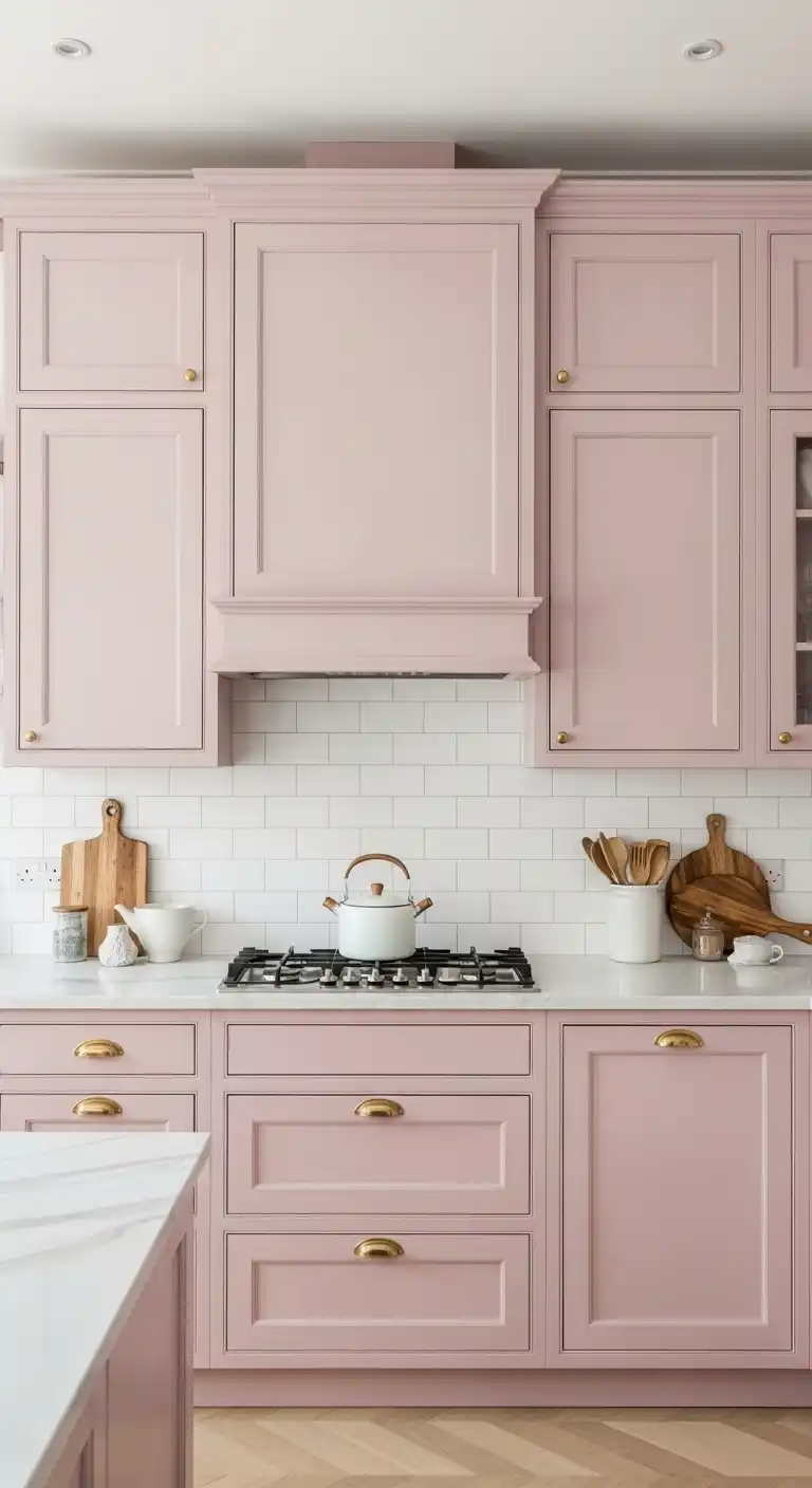 9) Soft pink cabinets with subway tile backsplash