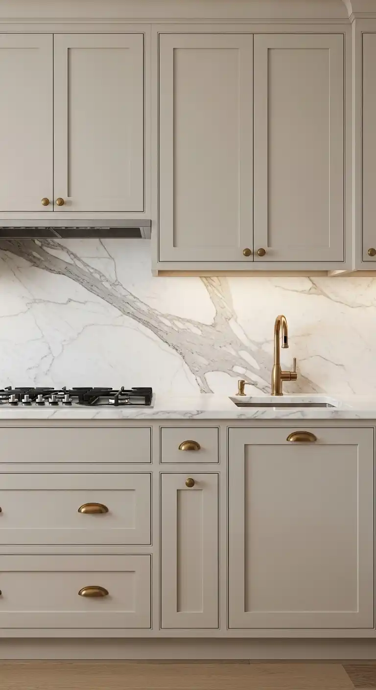 9. Beige Cabinets with Marble Backsplash