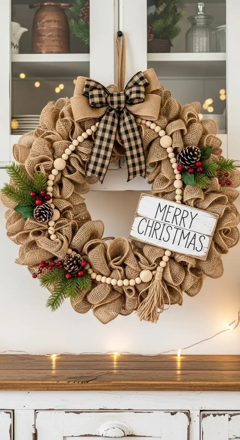 9. Farmhouse Burlap Wreath with Wooden Accents