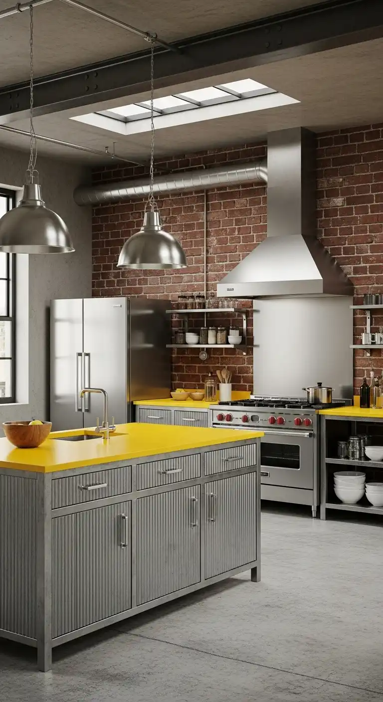 9. Industrial Chic Yellow Counters and Metal Finishes