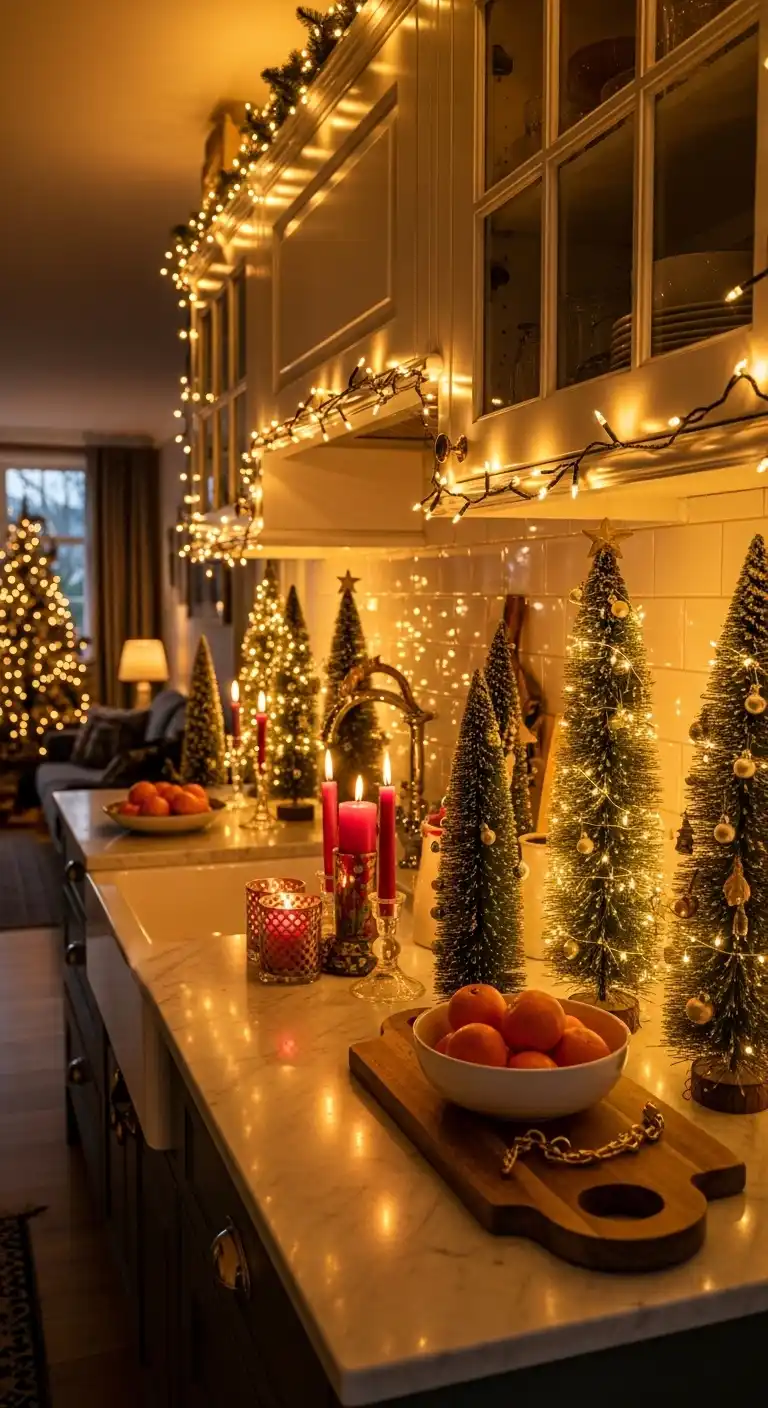 9. Mini Light Trees on Kitchen Countertops