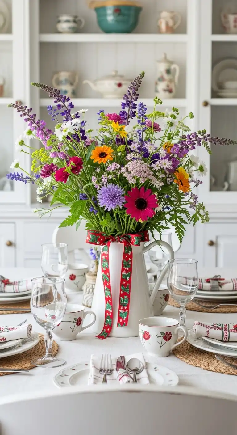 9. Mixed Wildflowers with Holiday Ribbons
