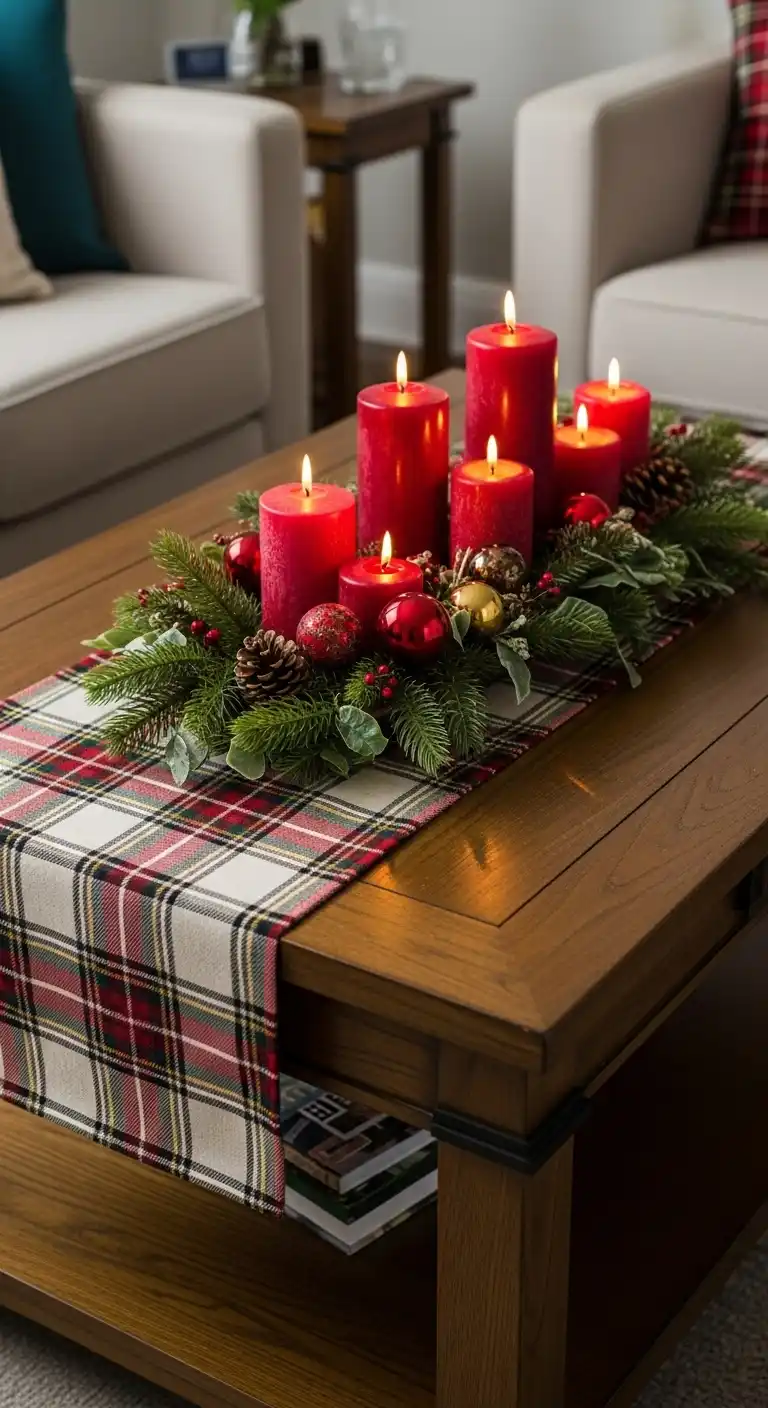 9. Plaid Runner with Festive Candles