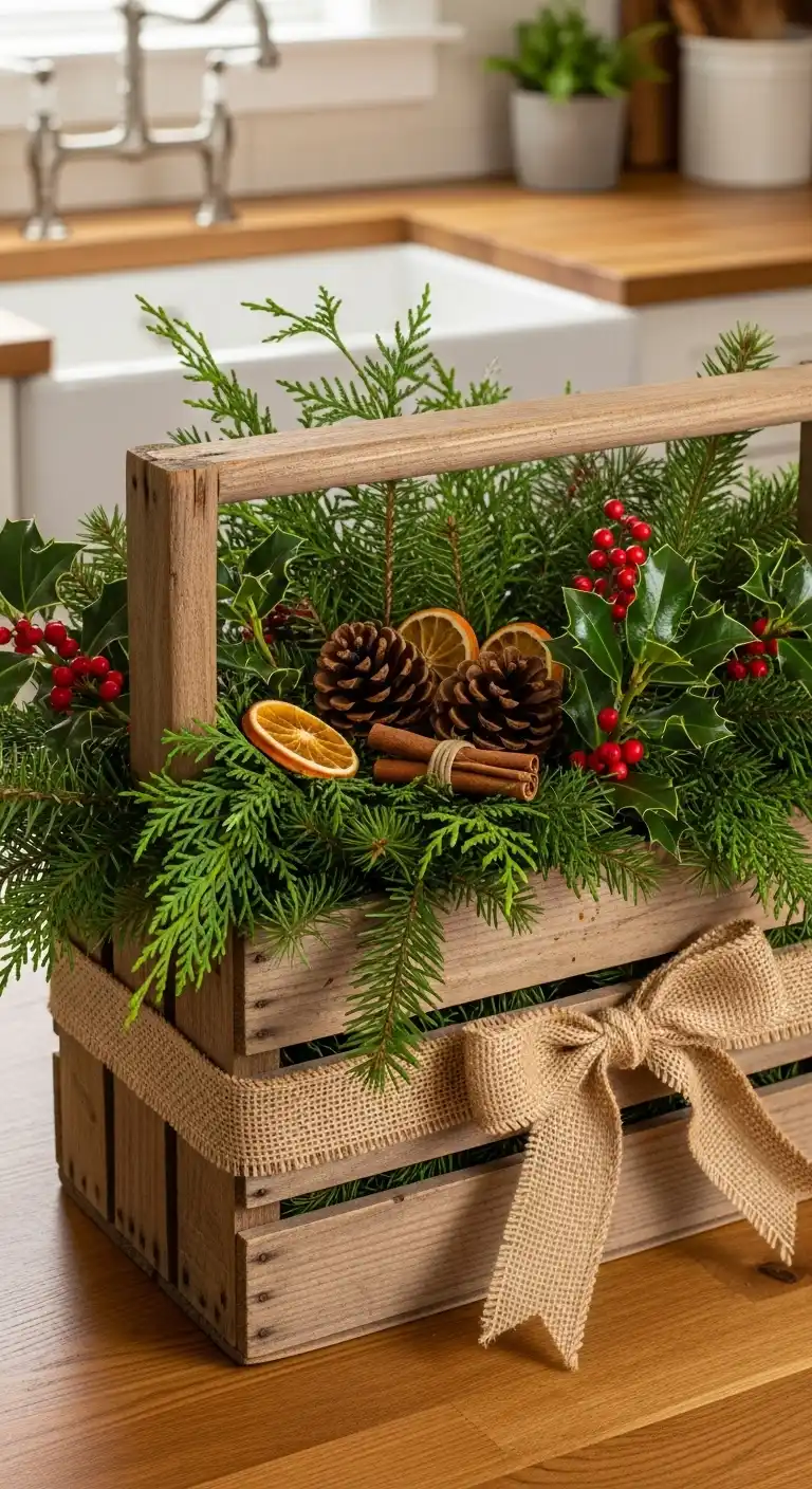 9. Rustic Wooden Crate Filled with Holiday Greens