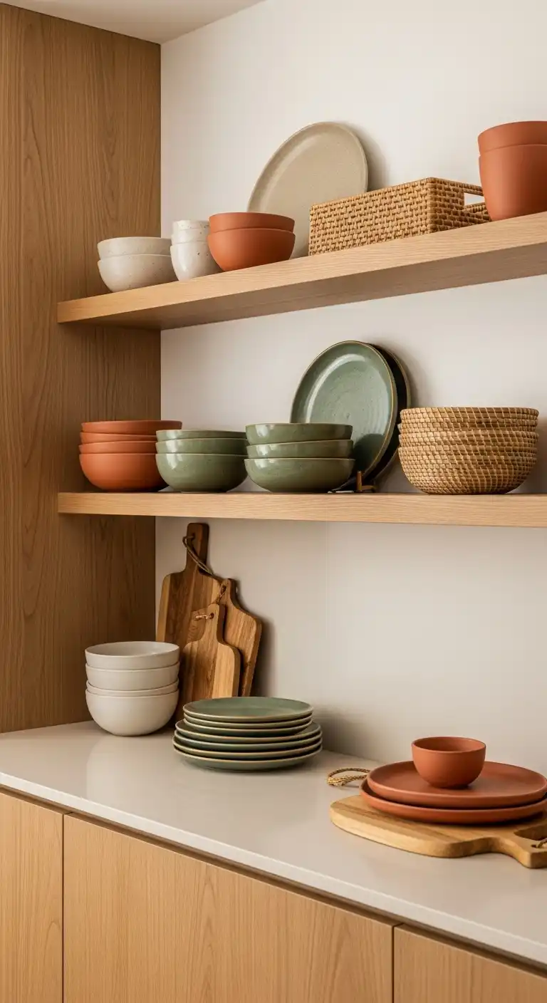 9. Stone or Clay Dinnerware Displayed Openly