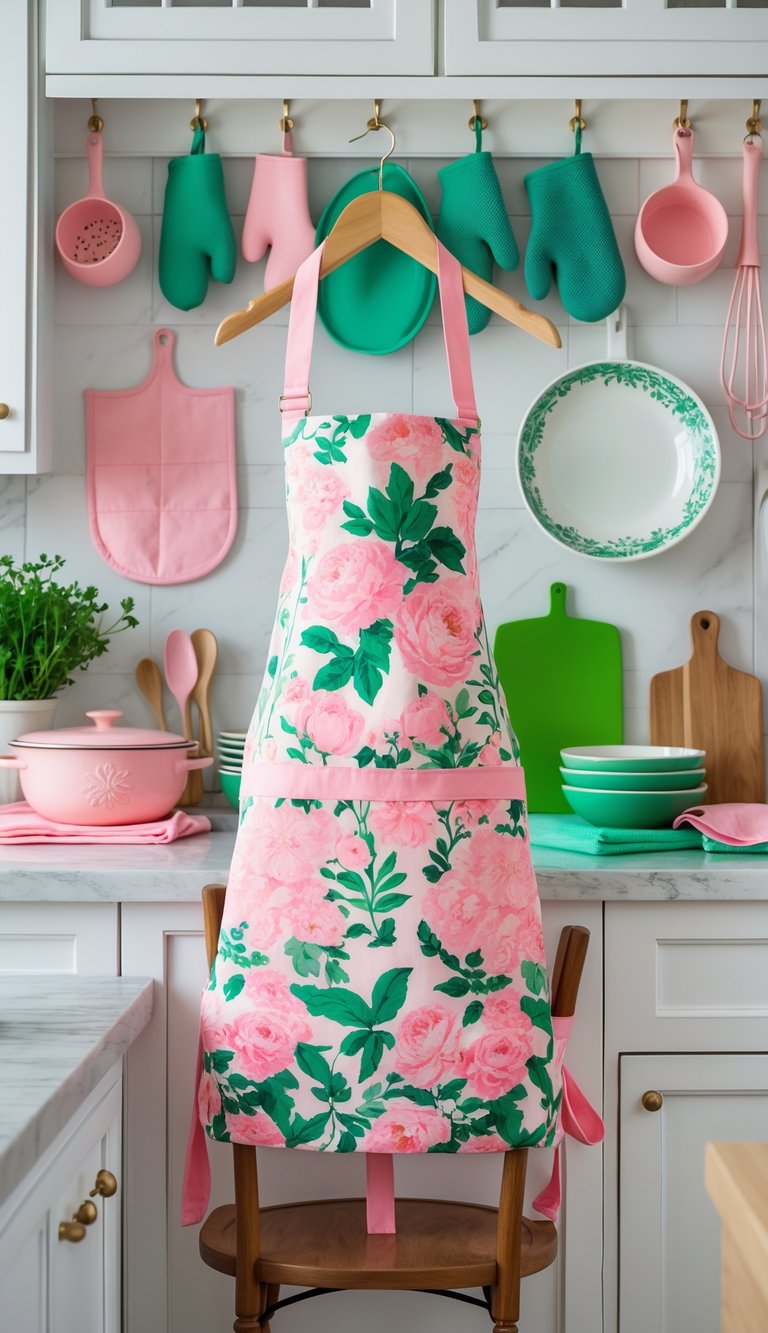 A pink and green floral apron displayed with seventeen matching pink and green kitchen accessories arranged on a kitchen countertop and surrounding area.