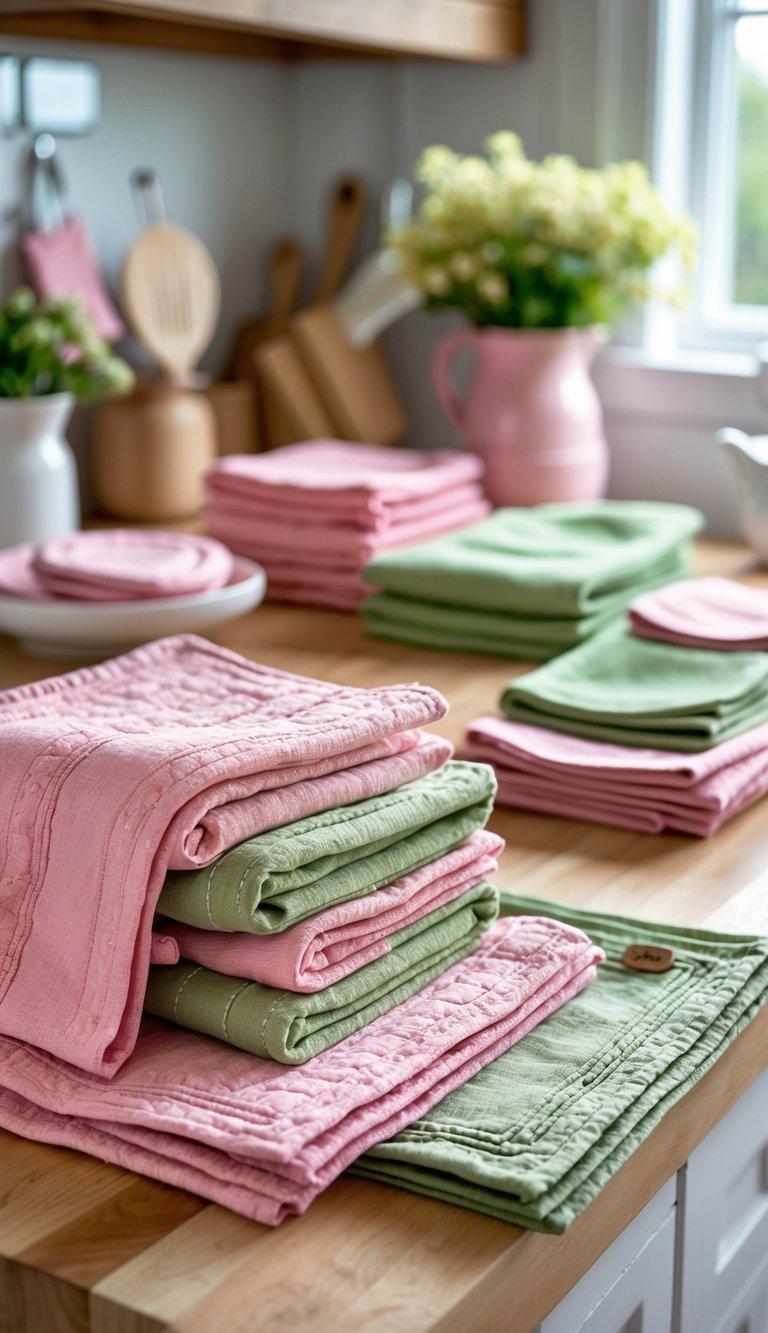A collection of pink and green handmade dish towels and kitchen accessories arranged on a wooden countertop.
