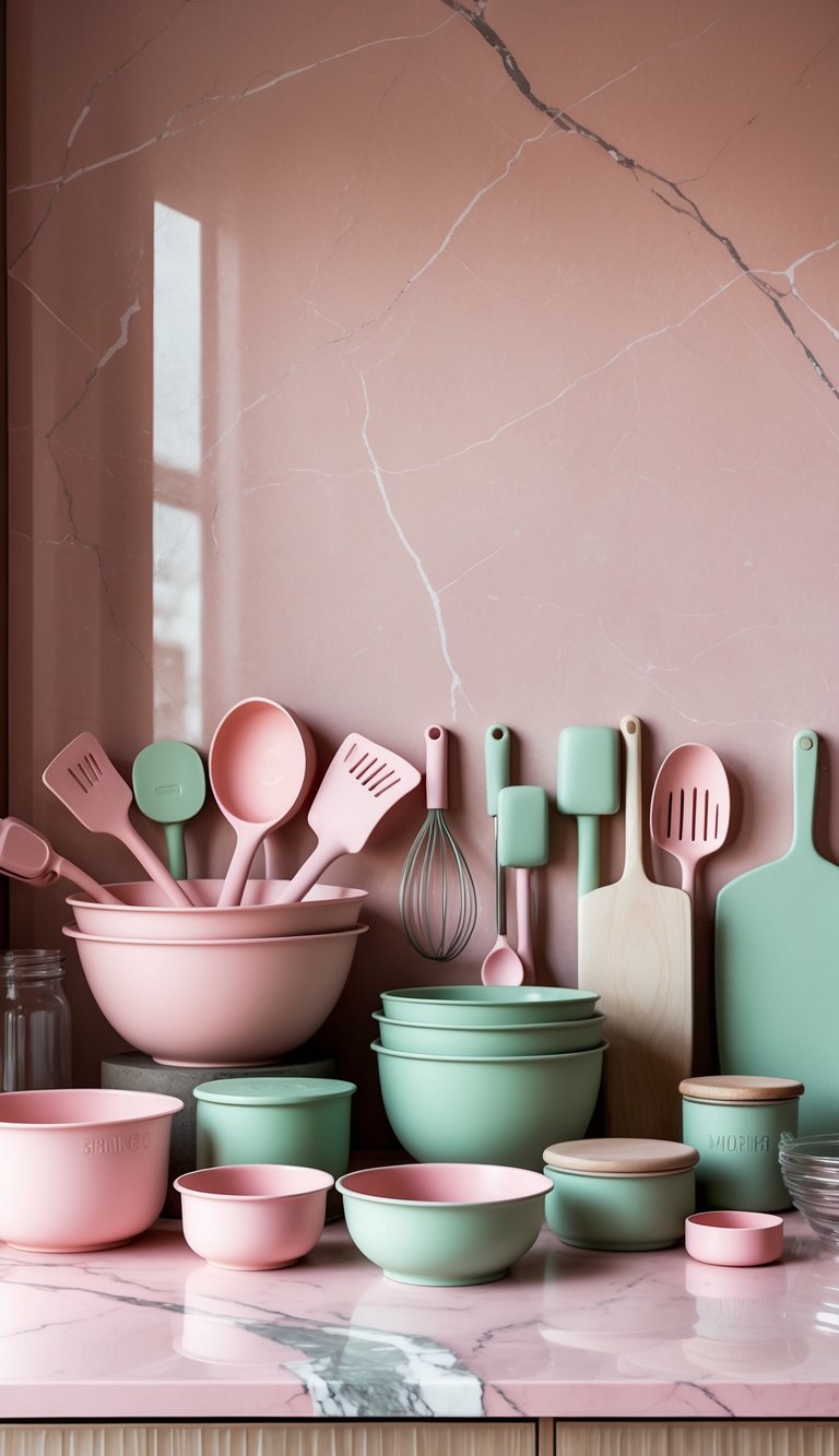 Seventeen pink and green kitchen accessories arranged on a pink marble countertop.