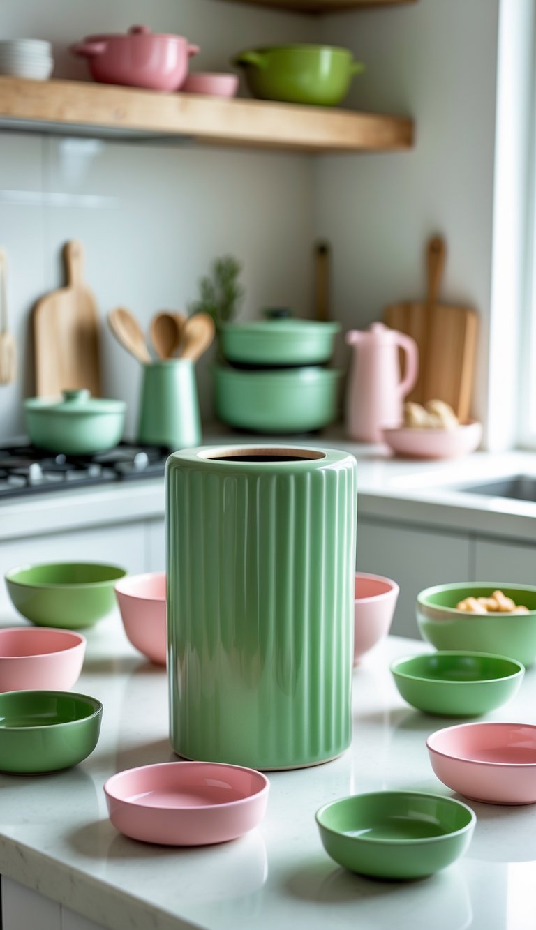 Green ceramic paper towel holder on a kitchen counter surrounded by pink and green kitchen accessories.