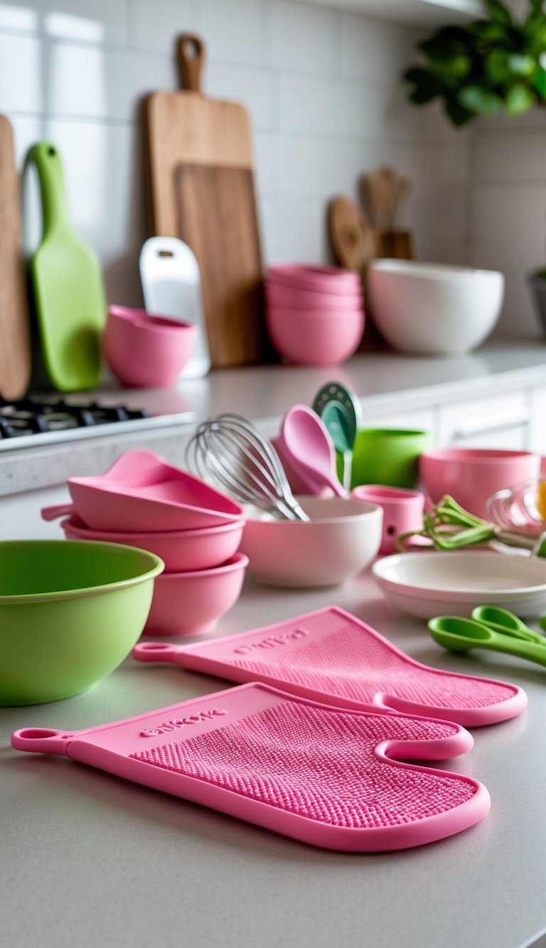Pink silicone oven mitts surrounded by various pink and green kitchen accessories on a kitchen countertop.