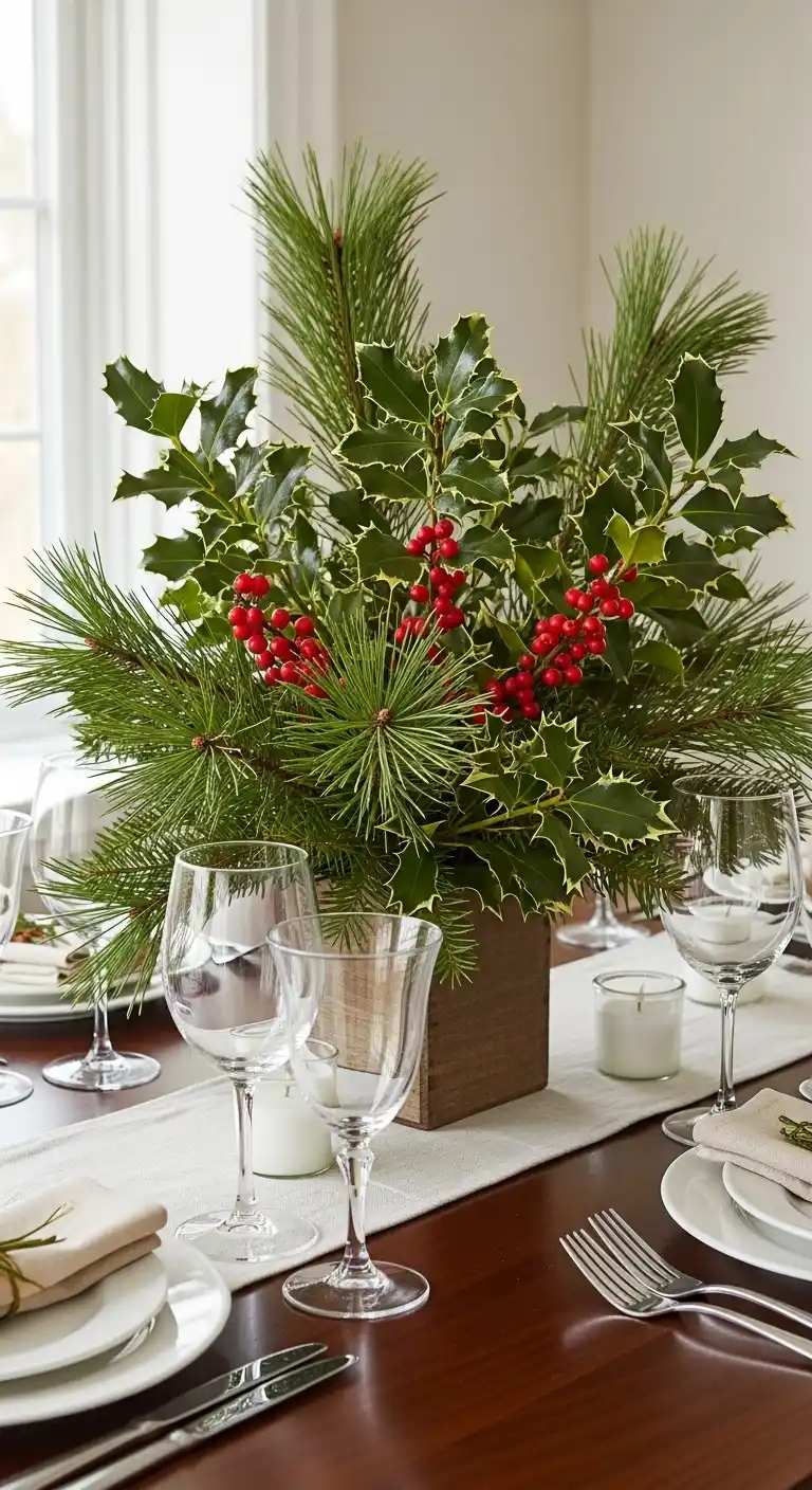 1. Classic Pine and Holly Arrangement