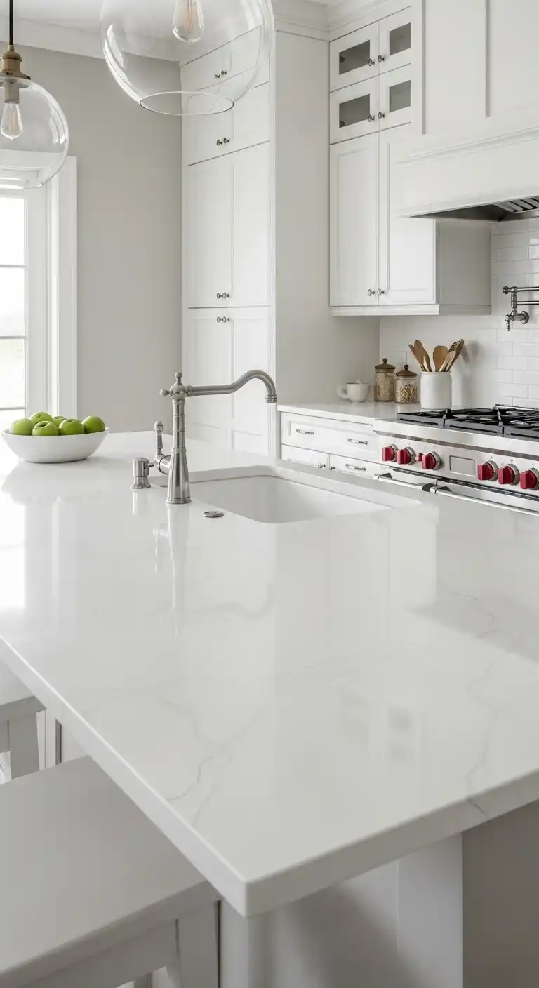 1. Classic White Ceramic Slab Countertops