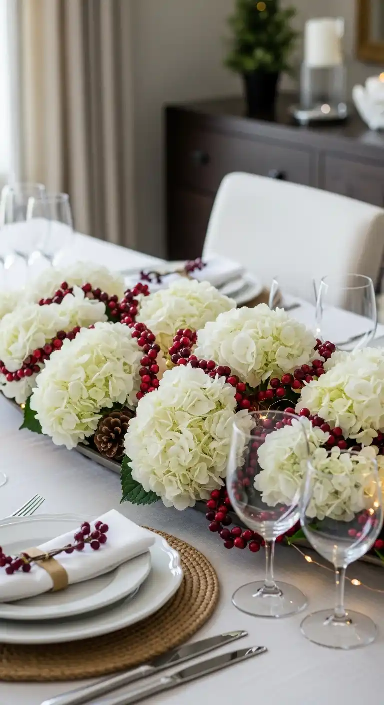 10. White Hydrangeas with Cranberry Garland