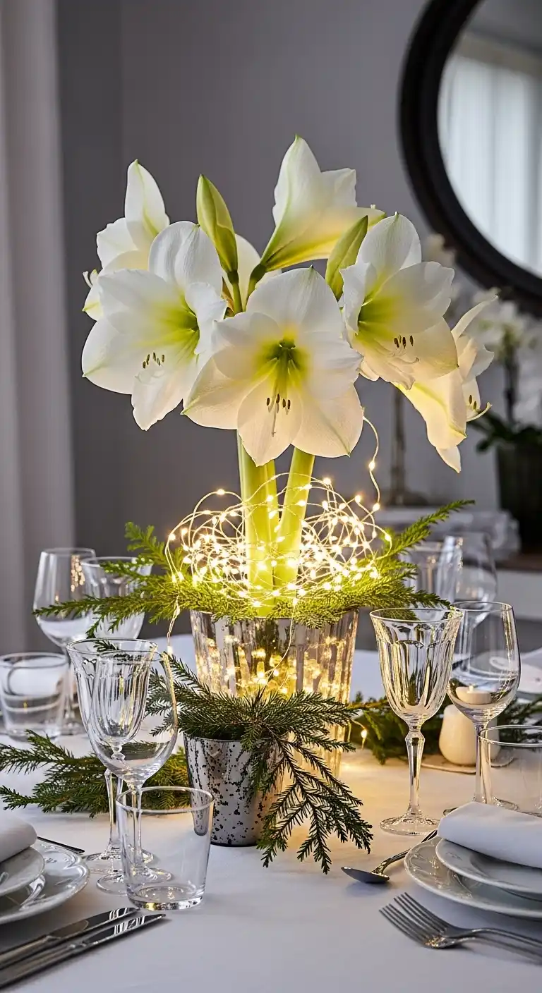 11. White Amaryllis with Twinkling Fairy Lights