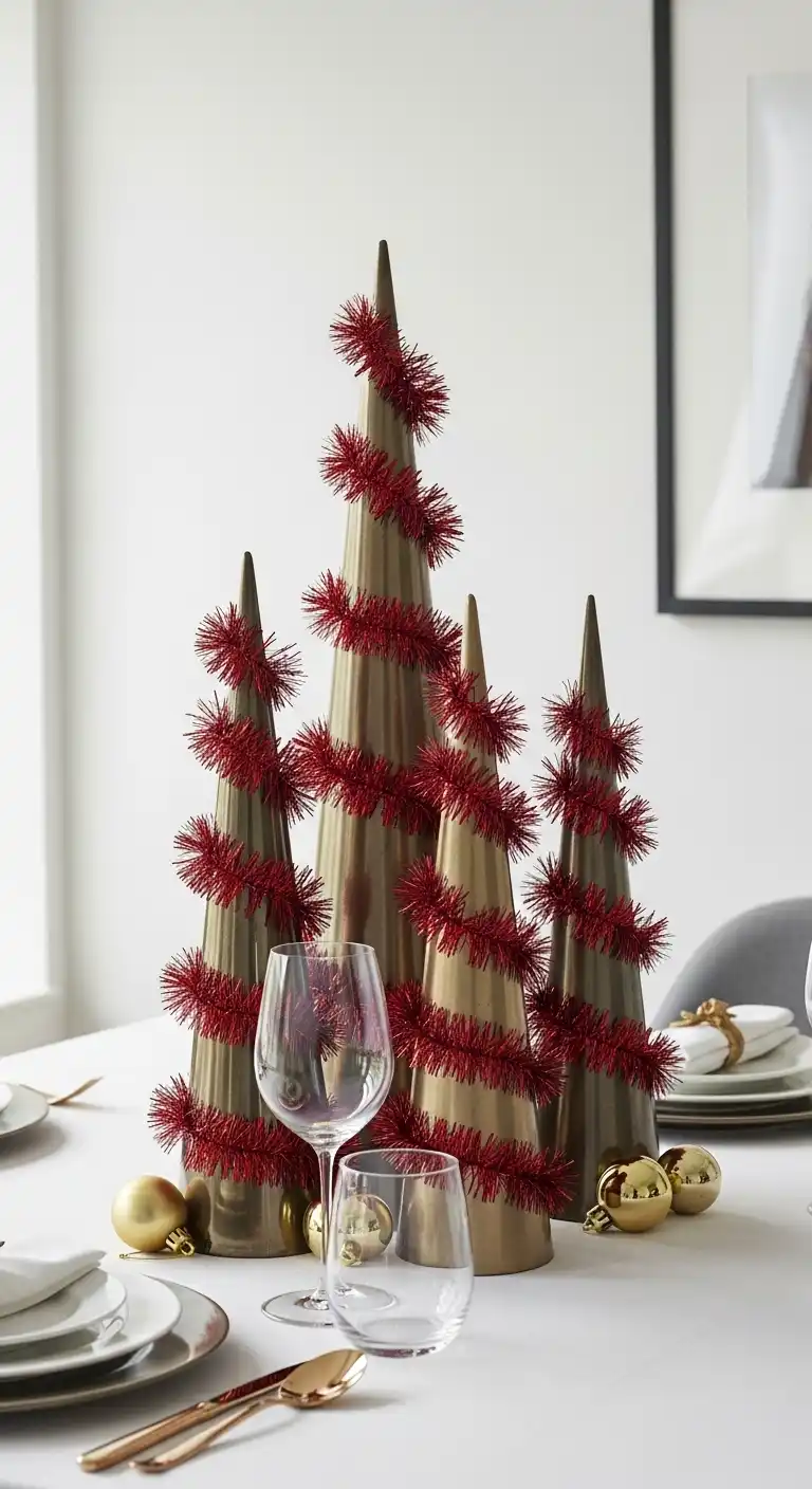 12. Metallic Tree Cones with Red Garland
