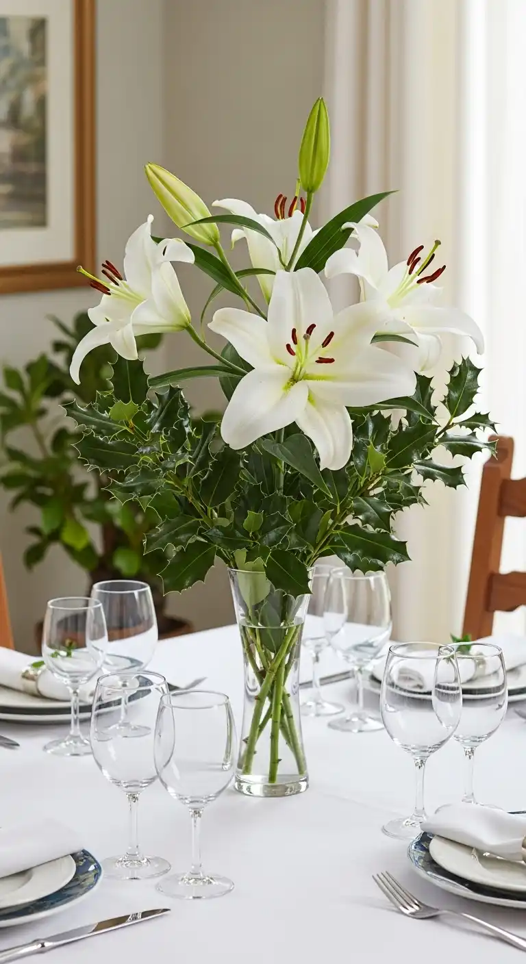 13. White Lilies with Holly Leaves