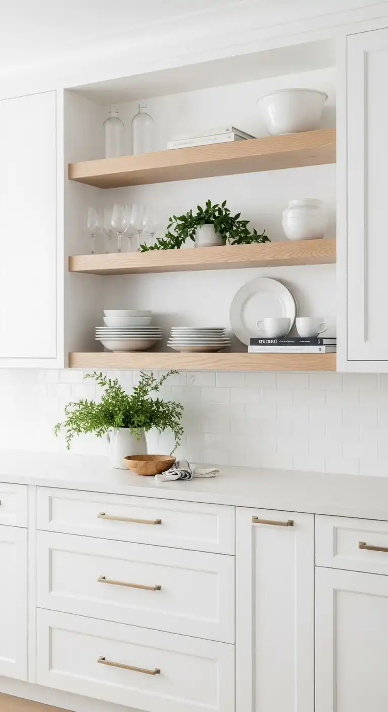 14. Introduce open shelving to break up all-white cabinetry