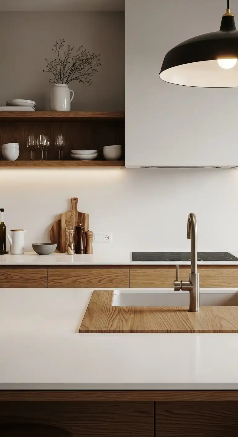 16. Ceramic Slabs with Wooden Accents